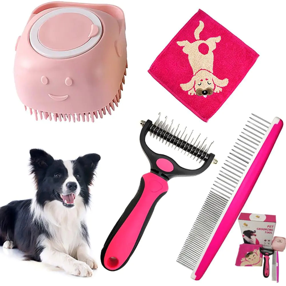 JA Best Products Dog & Cat Grooming Combo - 4-in-1 Brush Kit with Hair Remover Knot Detangler and Shampoo Dispenser